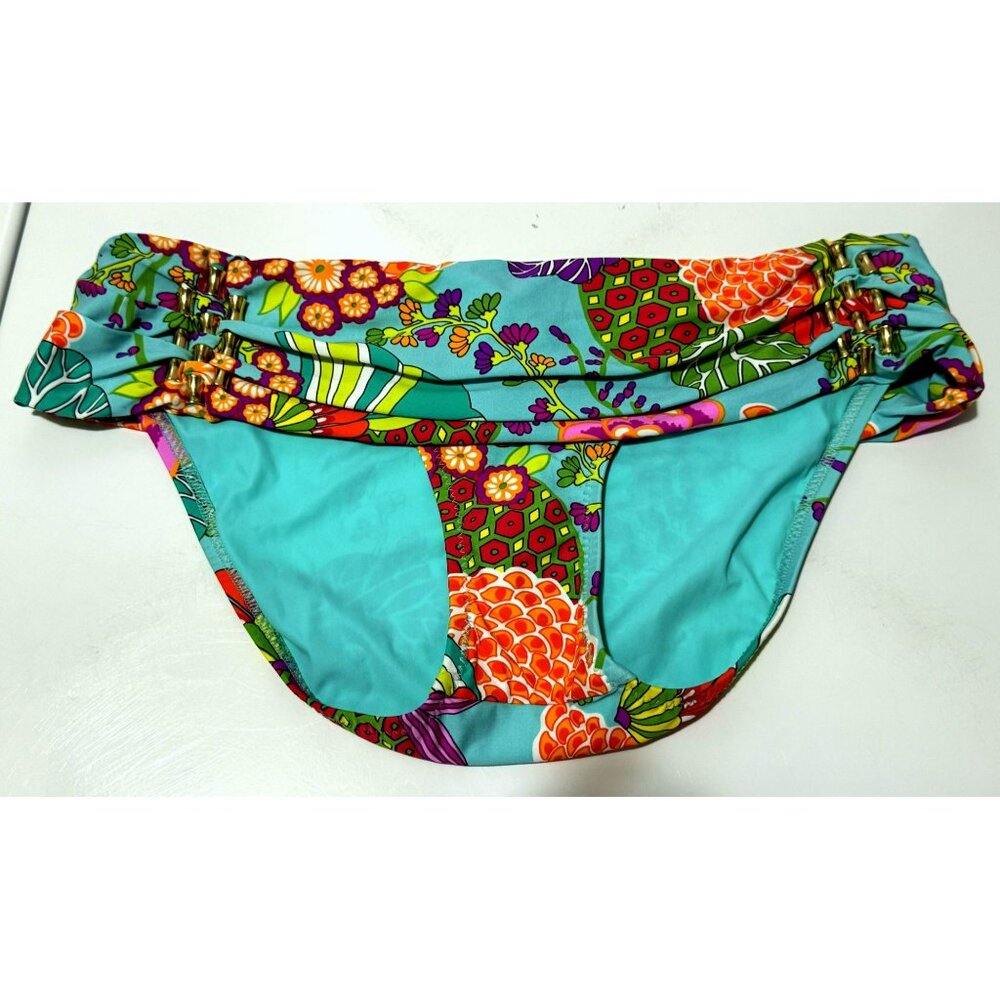 Trina Turk Turquoise Tropical Print Goldtone Side Detail Draped Bikini Bottom 6